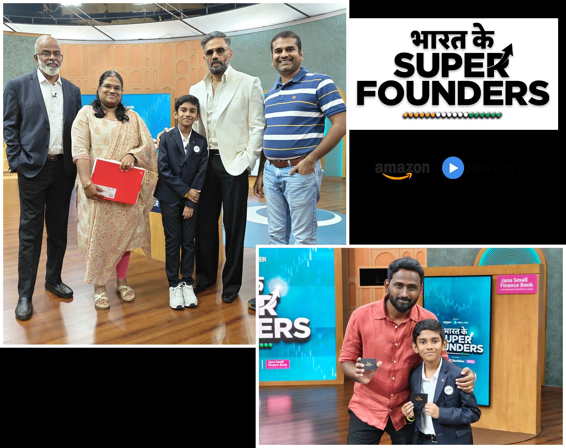 Athvik with Dr. Velumani, Suniel Shetty and the Bharat Ke Super Founders team backstage