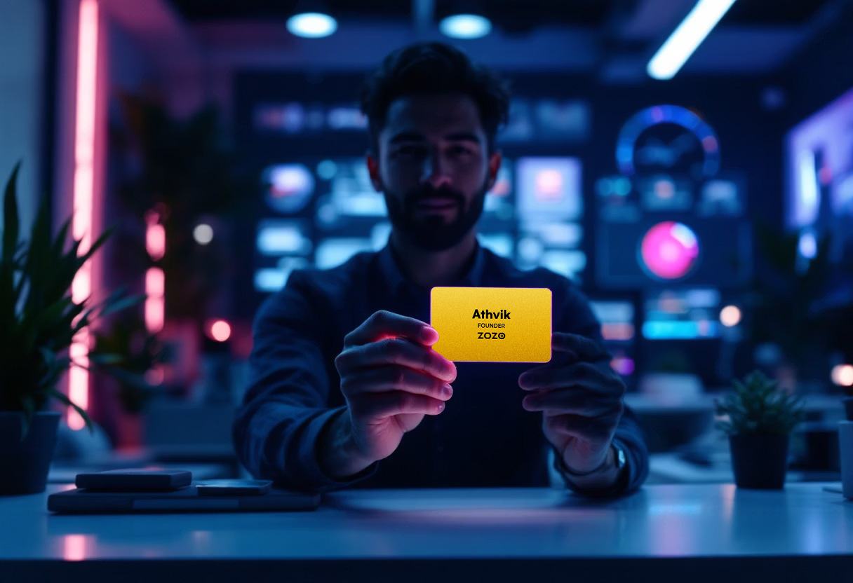 ZOZO NFC Smart Business Card – gold card held in a modern tech office